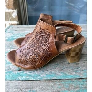 Roper Sandals Brown Women's Size 9 Tooled Leather Floral Open Toe Block Heel
